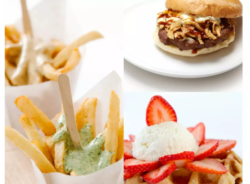 frites with mayo, ricky burger, Liège waffle with crème fraîche and strawberries