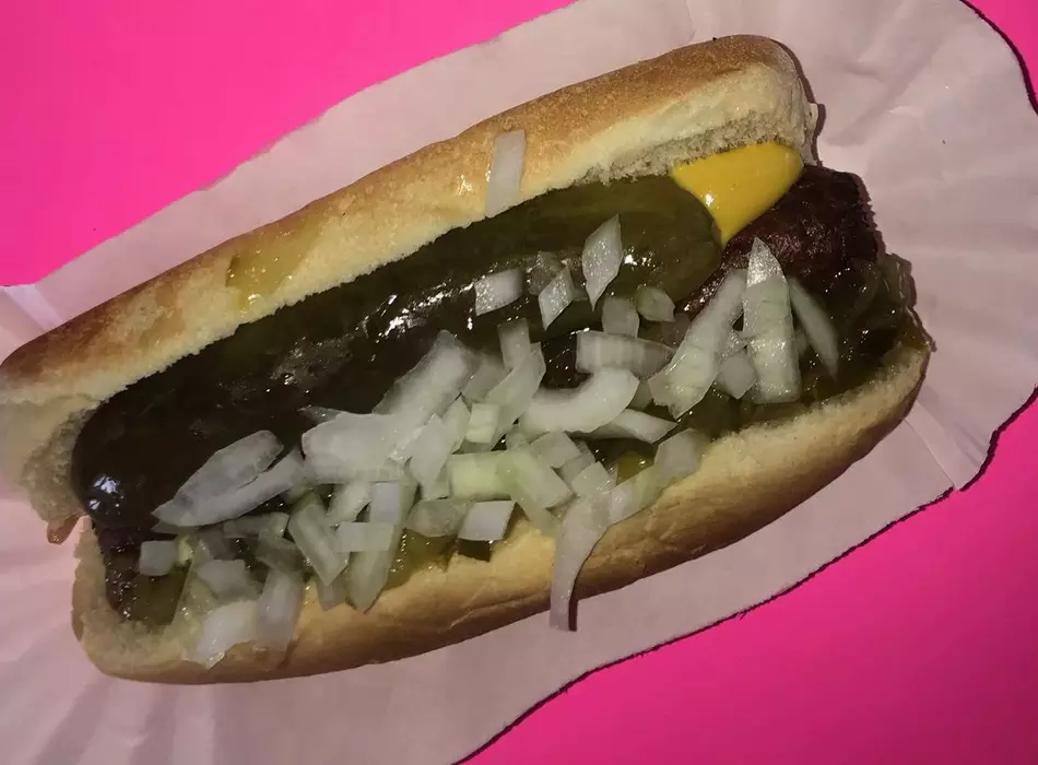 Our delicious dog topped with yellow mustard, fresh chopped onion and a housemade dill pickle