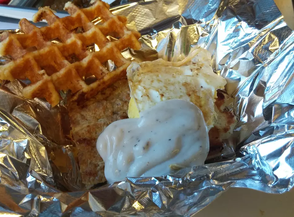 Breakfast Waffle: Pork Patty, Fried Egg and White Gravy