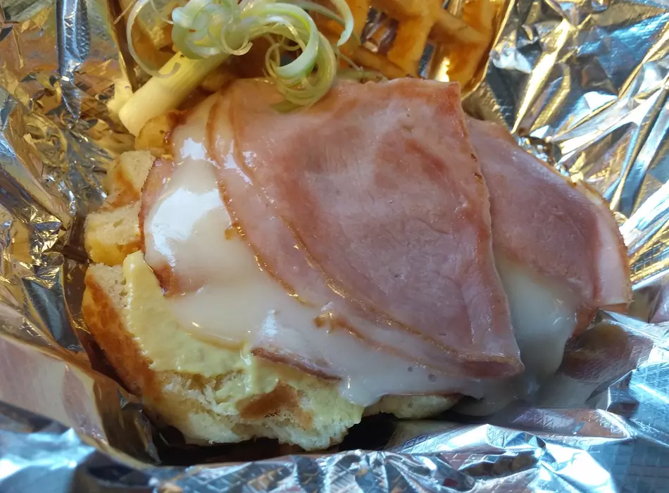 Croque Monsieur: Mustard, Ham and melted Swiss Cheese