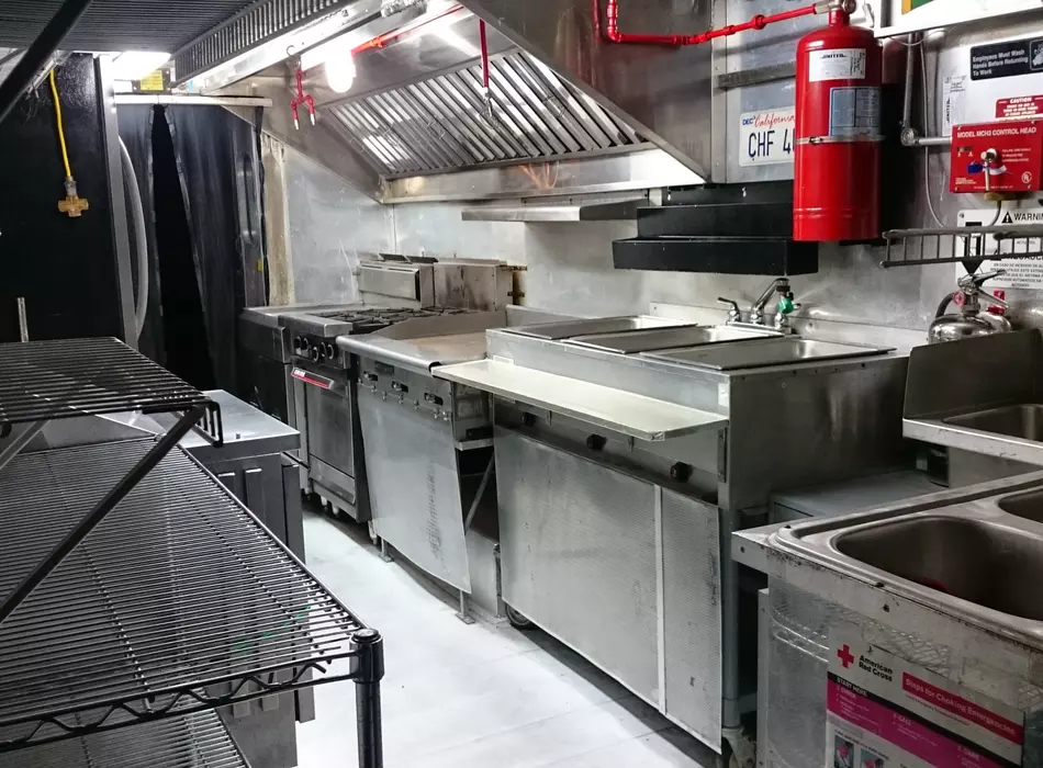Equip with commercial kitchen equipment & fire suppression system