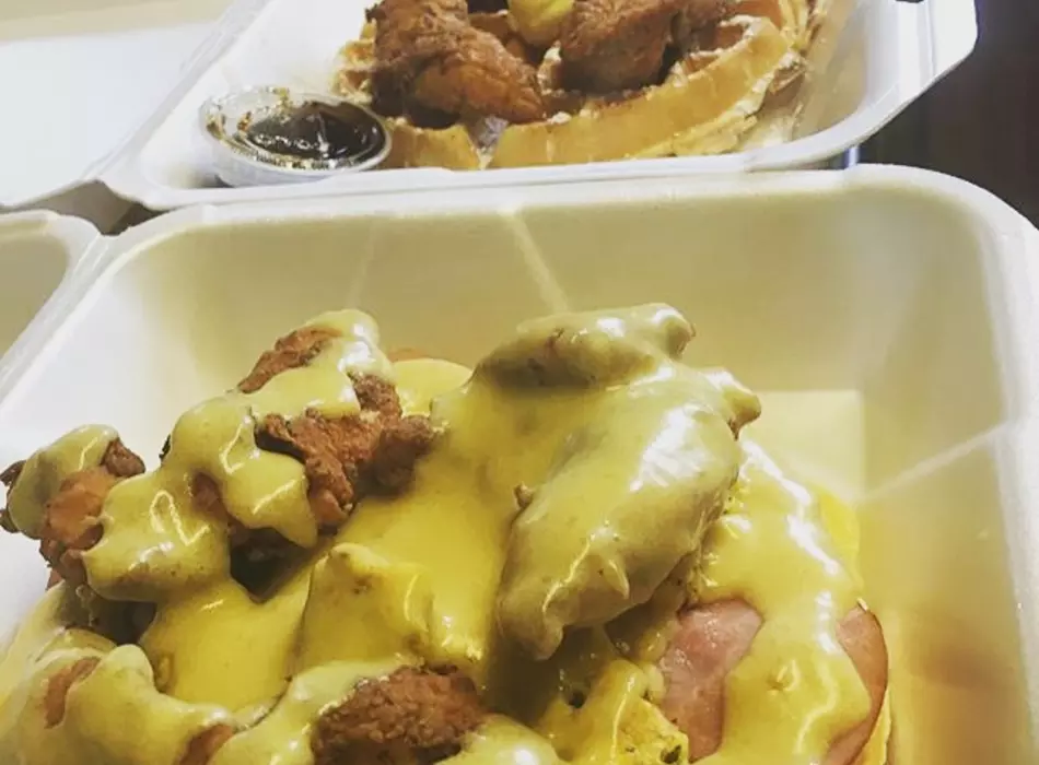Yummy our OG with wings and our Eggs Benny waffle