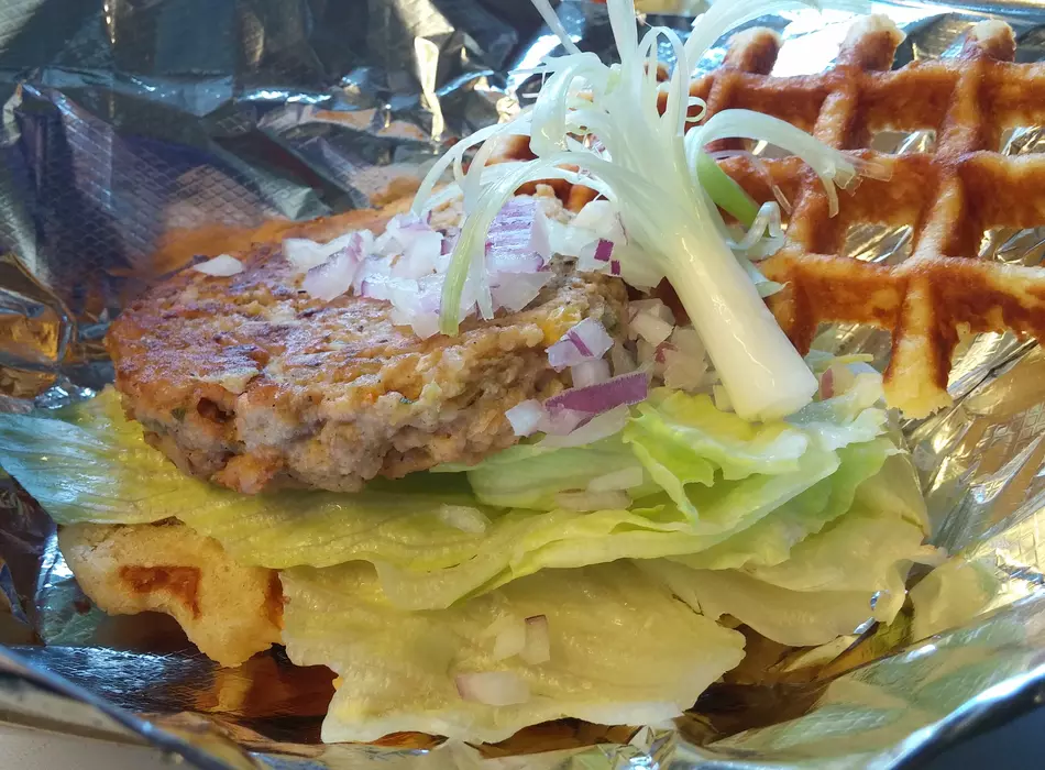 Vegetarian Waffle: Homemade Garden Patty, Mayo, Lettuce and Red Onion
