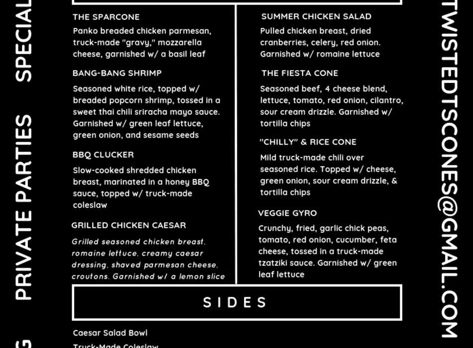 We are proud to announce we are now offering private catering! For your special events, weddings, birthday parties, business gatherings & more! We offer window style service straight from the truck as well as an indoor/outdoor buffet style setup with a build your own cone station! For inquiries email us: Twistedtscones@gmail.com