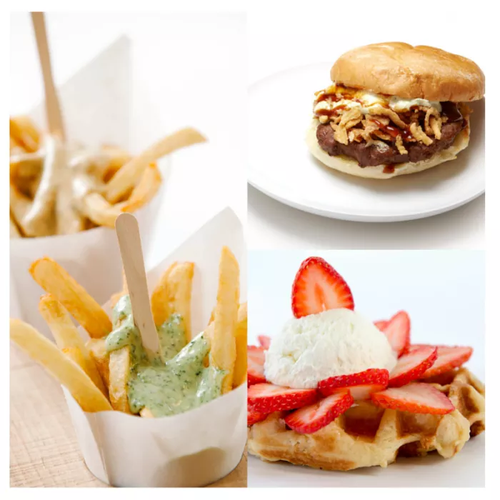 Brugesmobile: frites with mayo, ricky burger, Liège waffle with crème fraîche and strawberries