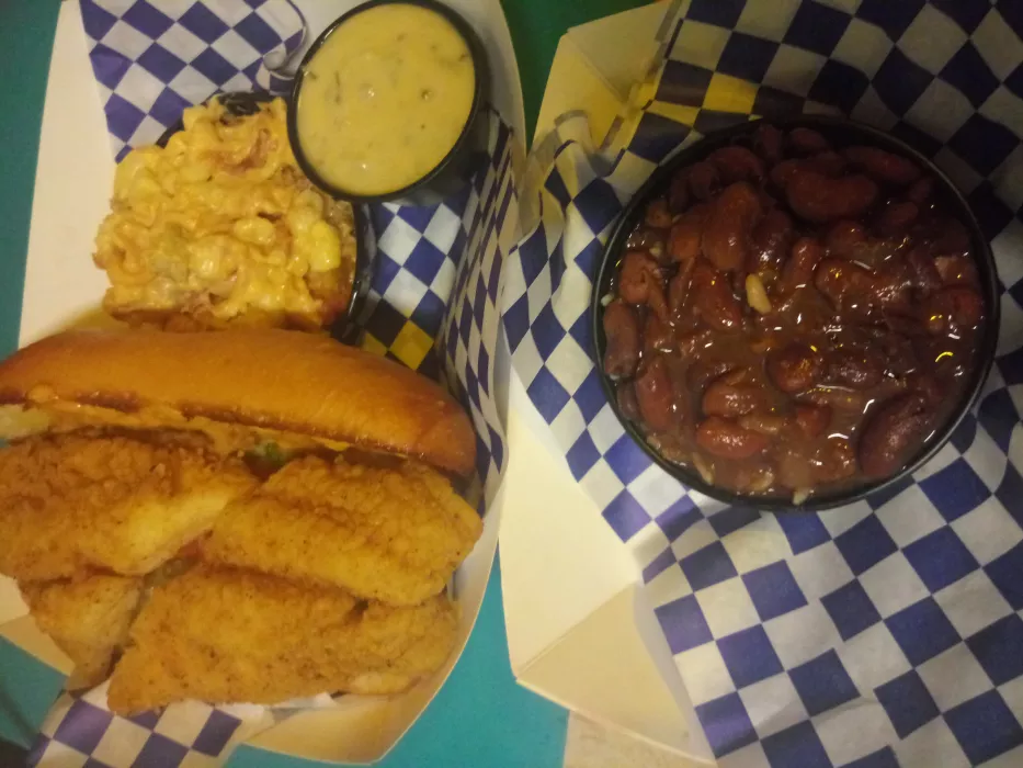 Fish poboy with redbeans rice