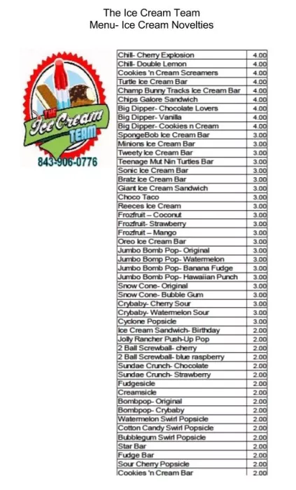 The Ice Cream Team Menu