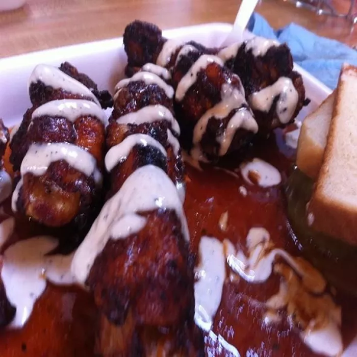 Saw's Smoked Wings...Saw's Sauce + White BBQ Sauce + Pickles + White Bread