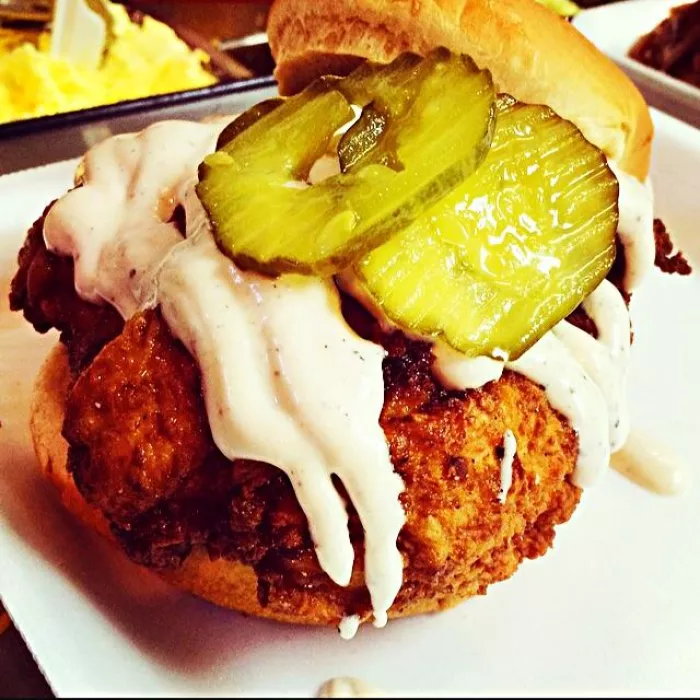 Sweet Tea Fried Chicken Sandwich...Chicken + White BBQ Sauce + Pickles