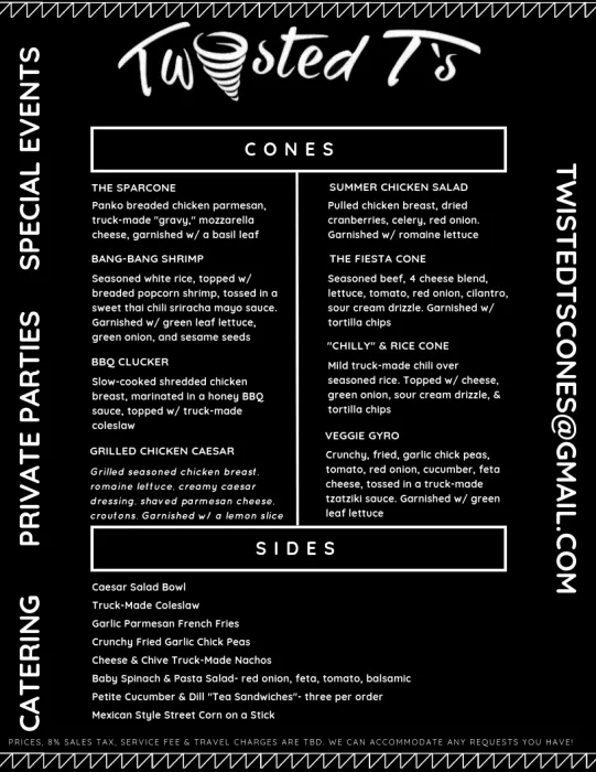 We are proud to announce we are now offering private catering! For your special events, weddings, birthday parties, business gatherings &amp; more! We offer window style service straight from the truck as well as an indoor/outdoor buffet style setup with a build your own cone station! For inquiries email us: Twistedtscones@gmail.com