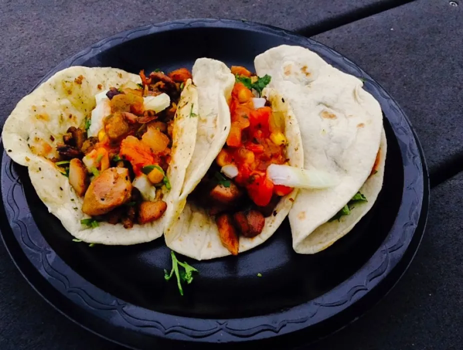 Korean Beef Street Tacos topped with spicy Asian Coleslaw